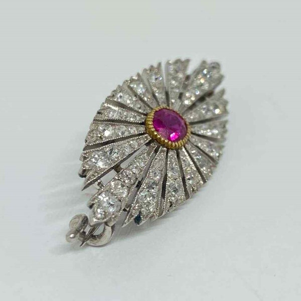 Circa 1890's Ruby Diamon Pin Brooch, Antique Sunburst Milgrain Set 14K Gold Brooch, Pink Cushion & Round Diamond Victorian Women's Brooch