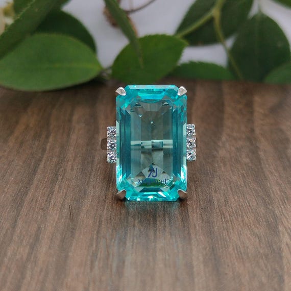 20 x 12 MM アクアマリン エメラルドカット CZ ストーンリング、セブン