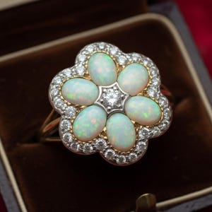 Antique Opal Cluster Ring, Vintage Floral Style Engagement Ring, Art Deco CZ Stone Flower Cocktail Ring, Silver-Gold Wedding Bridal Ring