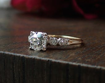 Dainty Five Stone Art Deco Ring, Vintage Style Two Tone Engagement Ring For Women, Old European Cut Moissanite Diamond Minimalist Retro Ring