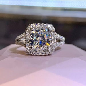 Gold & Silver Halo Ring, Split Shank Ring, 7.50MM Cushion Moissanite Diamond Engagement Ring, Wedding Ring For Women, Bridesmaid Gift Ring