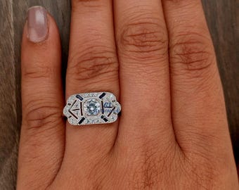 Milgrain Art Deco Ring, Vintage Inspire Verlobungsring, antiker Ehering Für Frauen, Alte europäische mit Blauen Zirkonia Stein Ring im Baguetteschliff