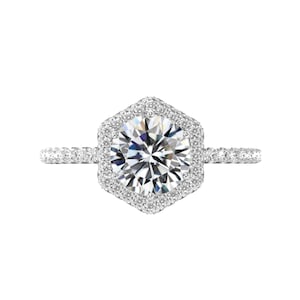 Hexagon Shape Halo Ring, Round Moissanite Diamond Classic Ring, Latest Gold Engagement Ring, Wedding Promise Ring, Birthday Gift For Her