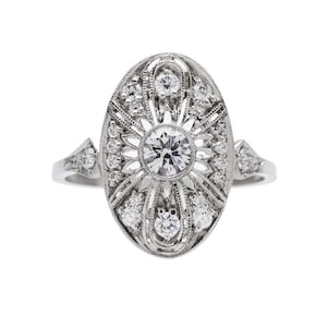 Round Cut Moissanite Diamond Art Deco Ring, Oval Shape Ring, Openwork Antique Ring, 10K White Gold Ring, Unique Designer Wedding Bridal Ring