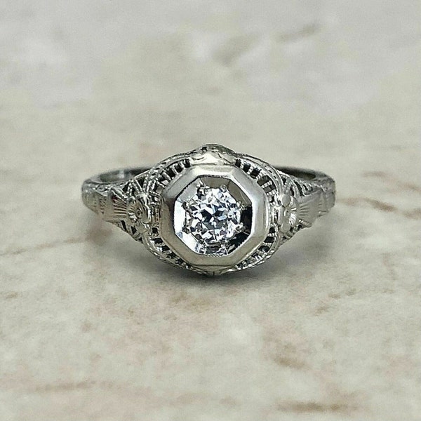 Art Deco Floral Design Shank Ring, Antique Filigree Vintage Ring, Old European Cut Moissanite Diamond Octagon Shape Ring, Woman's Retro Ring