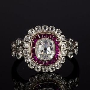 Anillo antiguo Art Deco con incrustaciones de milgrain, anillo de doble halo de estilo vintage, anillo eduardiano con circonita cúbica rosa talla baguette y talla antigua, anillo de mediados de siglo.
