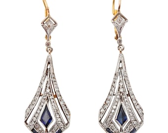 Kite Shape Sapphire Vintage Style Earring, C.1920's Edwardian Two Tone Gold Earring, Blue Fancy CZ Stone Art Deco Lever Back Dangle Earring