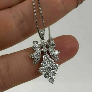 Antique Belle Epoque Bow Pendant, Round Moissanite Diamond Art Deco Pendant, Retro Minimalist Pendant For Her, Ribbon Bow Wedding Pendant