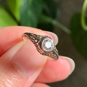 Filigree Solitaire Ring, Antique Round Moissanite Diamond Ring, Vintage Retro Engagement Ring, Antique Bezel Set Wedding Ring, Birthday Gift