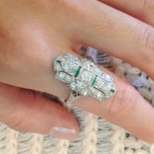 Anillo de cena Art Deco vintage, anillo de diamantes de talla baguette redondos y verdes, anillo de dedo largo para mujer, anillo victoriano antiguo, anillo de boda nupcial