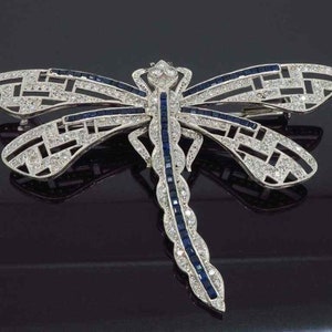 Antique Sapphire Dragonfly Brooch, Men&#39;s Or Woman&#39;s CZ Stone Brooch, 925 Silver Dragonfly Brooch, Insect Jewelry, Unisex Vintage Brooch