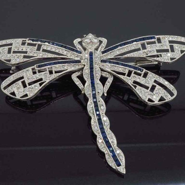 Antique Sapphire Dragonfly Brooch, Men's Or Woman's CZ Diamond Brooch, 925 Silver Dragonfly Brooch, Insect Jewelry, Unisex Vintage Brooch