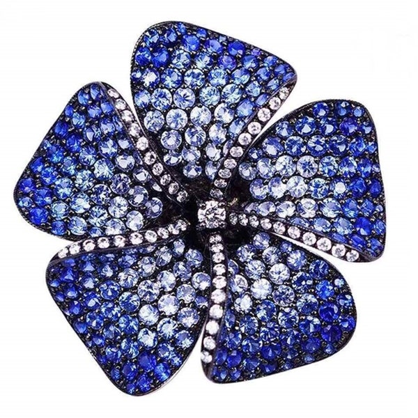 Sapphire Flower Motif Brooch, Blue Round Cut CZ Stone Brooch, Party Wear Brooch For Women, Wedding Brooch, 925 Silver Brooch, Gift For Her