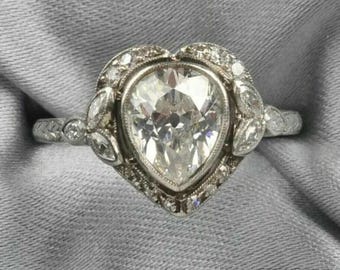 Bezel Set Teardrop Ring, Heart Shape Halo Wedding Ring, Multi Cut Moissanite Diamond Art Deco Ring, Edwardian Vintage Style Ring For Women