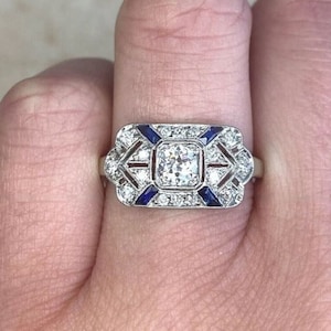 Art Deco Style Retro Ring, Round With Sapphire Baguette Cut Diamond Ring, Vintage Inspire Ring, Milgrain Set Ring, 14K Gold Wedding Ring