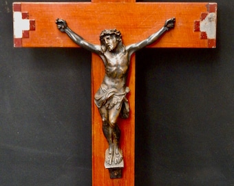 Antique Twelve Inch Art Deco Crucifix - France 1920s - Medium Wall Hanging French Patinated Spelter Corpus Christi - RC149