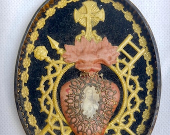 Sacred Heart Plaque - French Antique 1800's Scared Heart  - Ex Voto Christ Wall Plaque - Antique French Ex Voto - RP121