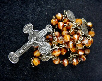 Vintage Souvenir of Lourdes Rosary - Brown Faceted Beaded Rosary - Multi medaled rosary - Souvenir le N D de Lourdes - solid silver - RR119