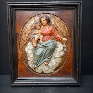 Antique Polychrome Plaque of Mary and Baby Jesus - Madonna and Child - Hand Painted Framed Christ Child in Bas Relief - RP118