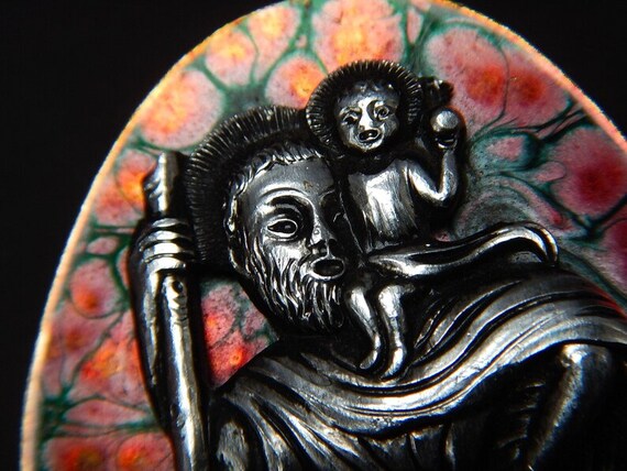 RARE Oval Brooch - St. Christopher with staff car… - image 3