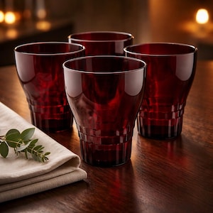 Set Of Four Vintage 4" Anchor Hocking Windsor Royal Ruby Red Juice Glasses