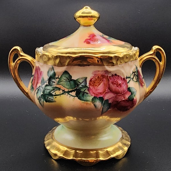 Bavaria Germany Handpainted Floral Sugar Bowl With Lid Gilt Trim Scalloped Edge