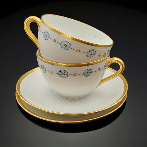 Set Of Two Vintage Czechoslovakia Tea Cup & Saucer Handpainted Floral Gilt Edge