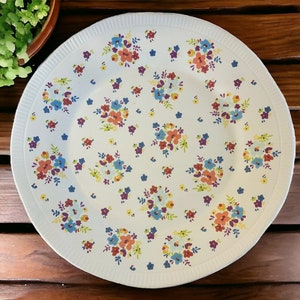May include: A white ceramic plate with a floral pattern. The pattern features small blue, red, and yellow flowers on a white background.