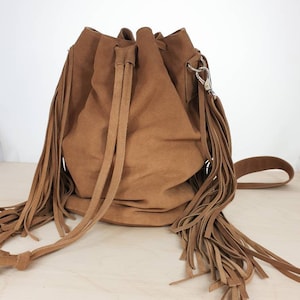 Bucket Bag Suede Handbag Natural Leather Caramel Brown Handmade Crossbody Shoulder Boho Fringe