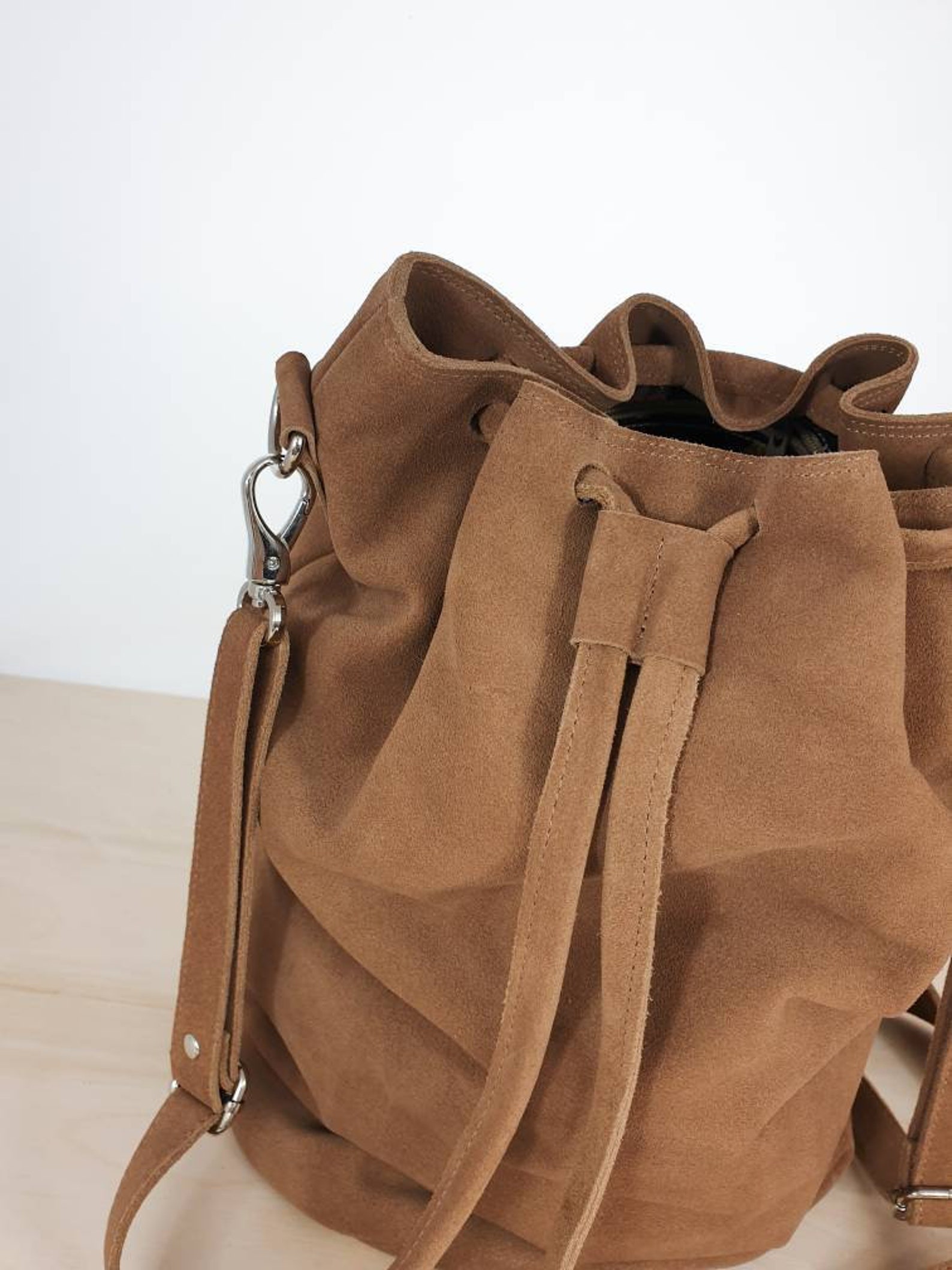 Bucket Bag Suede Handbag Natural Leather Caramel Brown Etsy
