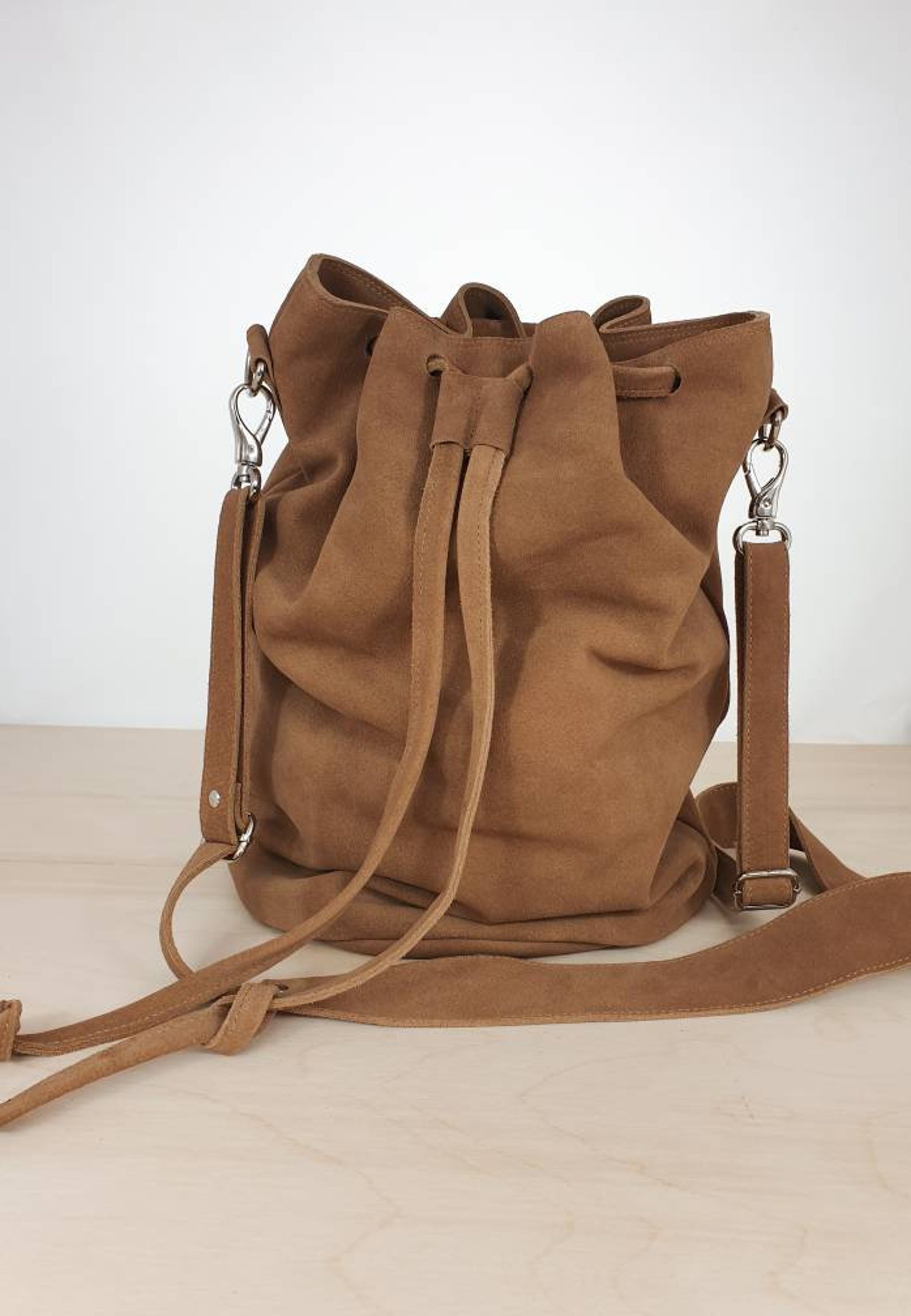 Bucket Bag Suede Handbag Natural Leather Caramel Brown Etsy UK