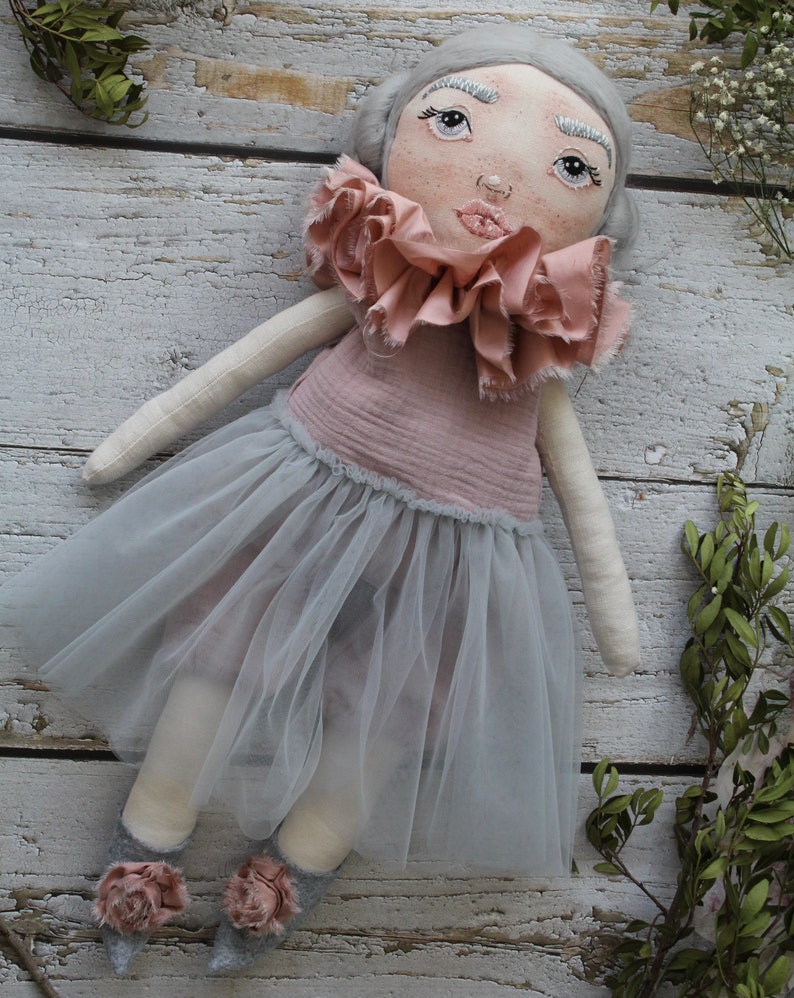 Cloth 20 inches doll, handmade personalized rag doll with embroidered face, heirloom fabric doll, rag doll gift for girl, custom fabric doll Doll with grey hair