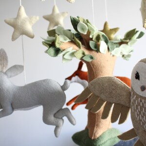 Woodland baby mobile with felt forest animals bunny fox and owl, unique custom crib mobile, woodland nursery decor, 3D tree cot mobile image 6