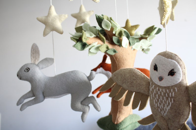 Woodland baby mobile with felt forest animals bunny fox and owl, unique custom crib mobile, woodland nursery decor, 3D tree cot mobile image 6