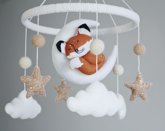 Sleeping fox on Moon baby mobile, nursery mobile with fox moon clouds and stars, woodland crib mobile with fox, woodland creature cot mobile