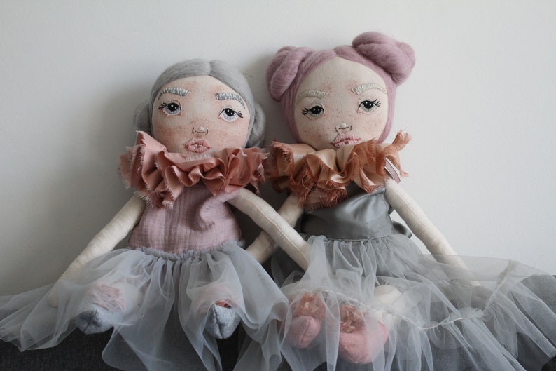 Heirloom fabric doll with pink or grey hair, handmade rag doll ballerina, beautiful cloth doll as birthday gift for girl, personalized doll image 9