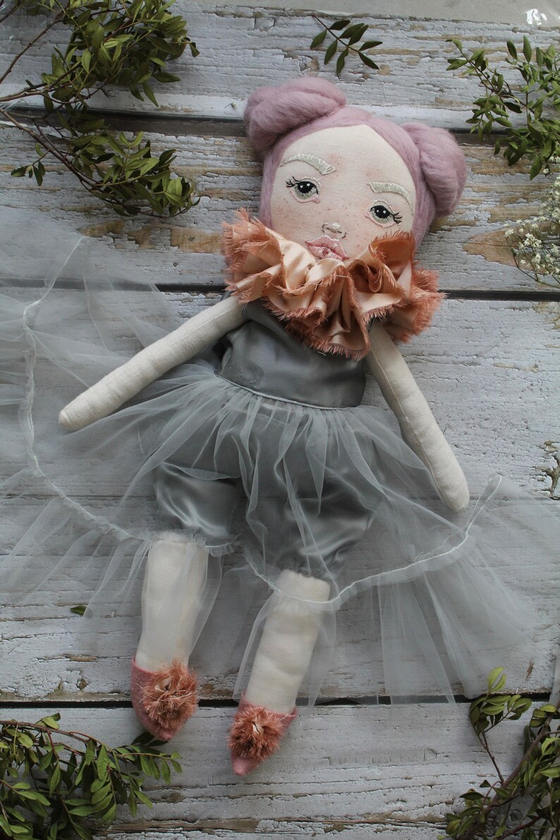 Heirloom fabric doll with pink or grey hair, handmade rag doll ballerina, beautiful cloth doll as birthday gift for girl, personalized doll Doll with pink hair