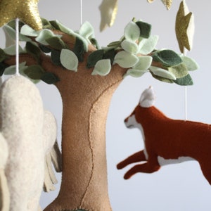 Woodland baby mobile with felt forest animals bunny fox and owl, unique custom crib mobile, woodland nursery decor, 3D tree cot mobile image 8