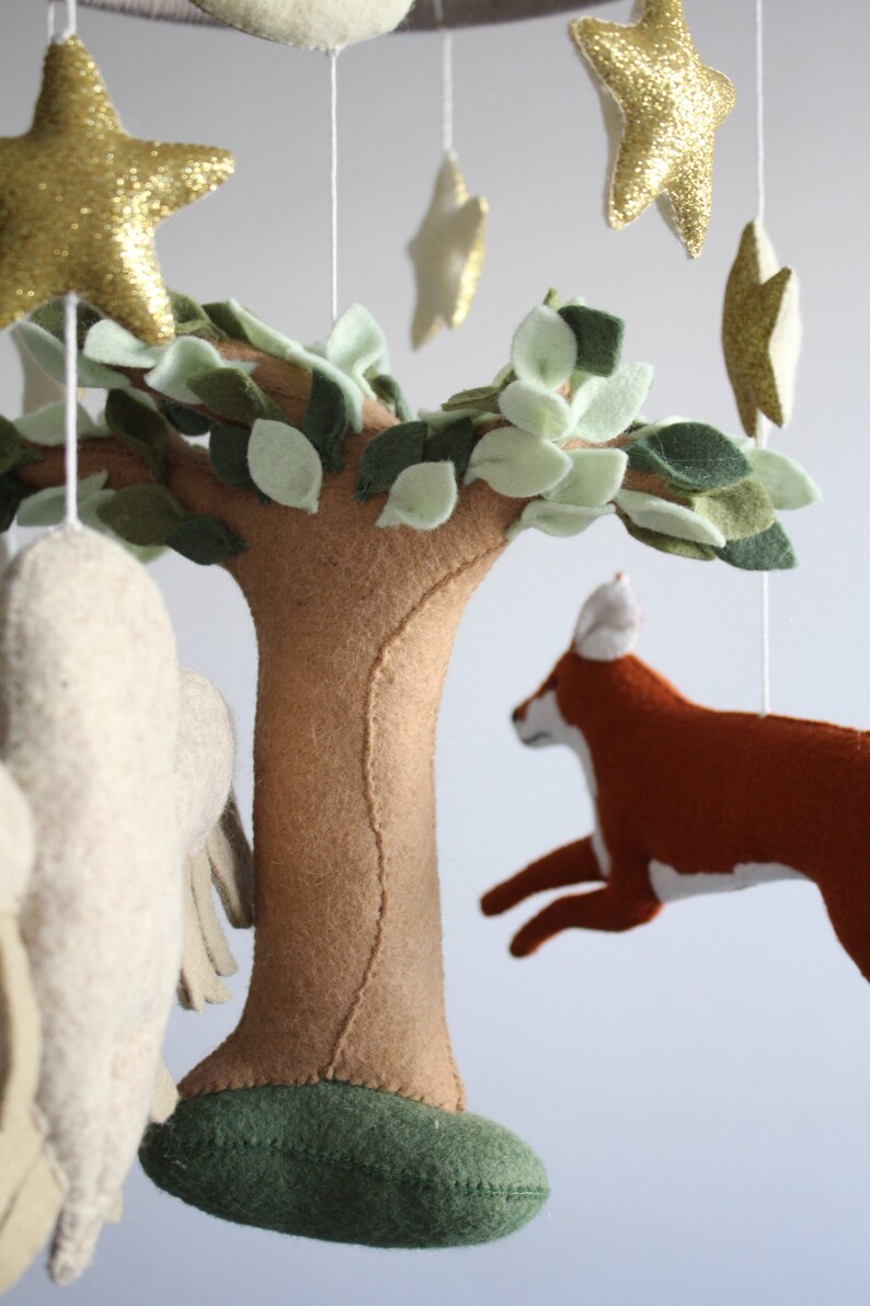 Woodland baby mobile with felt forest animals bunny fox and owl, unique custom crib mobile, woodland nursery decor, 3D tree cot mobile image 8