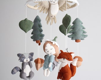 Felt woodland baby cot mobile with fairy and forest animals, baby girl crib woodland hanging nursery decor with fox deer cacoon owl