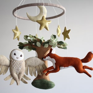 Woodland baby mobile with felt forest animals bunny fox and owl, unique custom crib mobile, woodland nursery decor, 3D tree cot mobile
