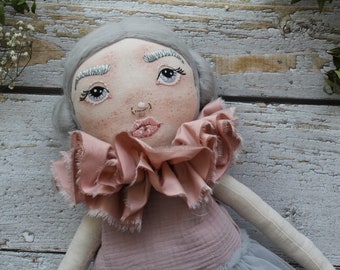 Heirloom fabric doll with pink or grey hair, handmade rag doll ballerina, beautiful cloth doll as birthday gift for girl, personalized doll