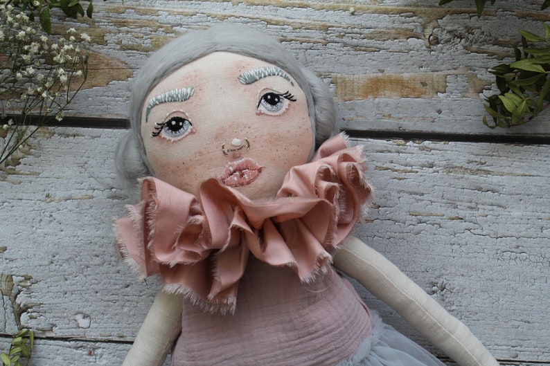 Heirloom fabric doll with pink or grey hair, handmade rag doll ballerina, beautiful cloth doll as birthday gift for girl, personalized doll image 1