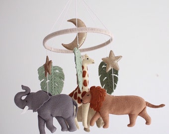 Safari jungle neutral baby mobile, Africa animals felt cot mobile with elephant rhino giraffe lion, hanging nirsery crib mobile as baby gift