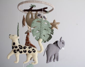 Safari baby mobile with african animals jaguar gifaffe elephant, jungle crib mobile  with sloth, tropical neutral baby cot mobile