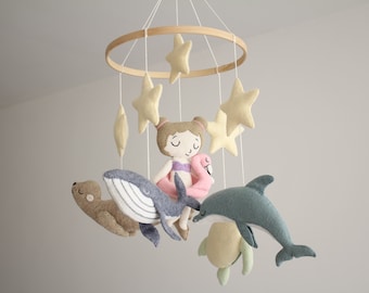 Ocean baby mobile with sea animals whale turtle seal, pink ocean cot mobile for baby girl, ocean nursery decor as baby shower gift