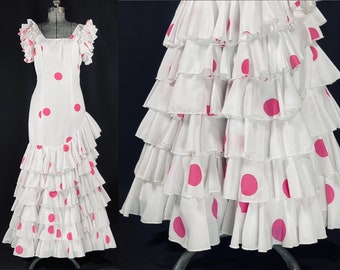 00s Spanish flamenco dress white pink polka dots