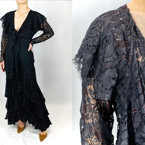 80s Norma Kamali black lace gown