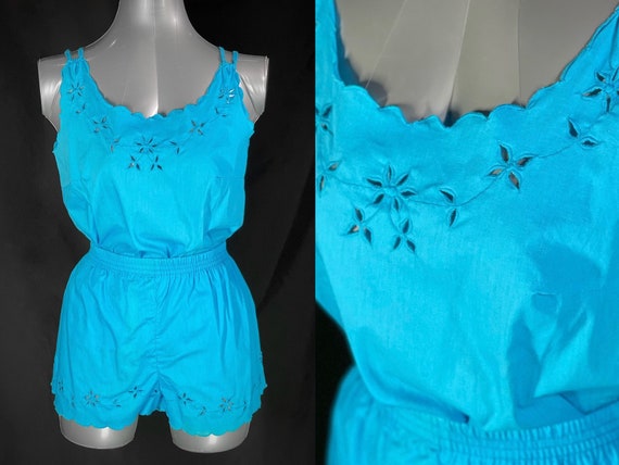 70s blue eyelet short set - image 1