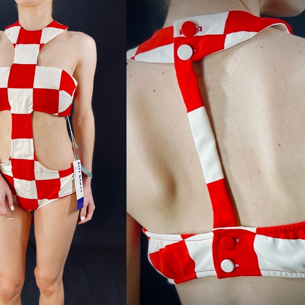 60s Bill Blass red and white checkered monokini with tags